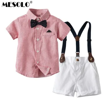 

MESOLO Children Children's Garment Catamite Vertical Stripe Short Sleeve Shirt Salopettes Performance Full Dress Two Paper Suit