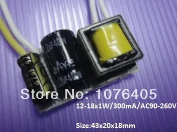 

Free shipping 20pcs/lot 12-18x1W/300mA AC90-260V led lighting transformer Led power supply for E27/GU10/E12/E14/E17/E26