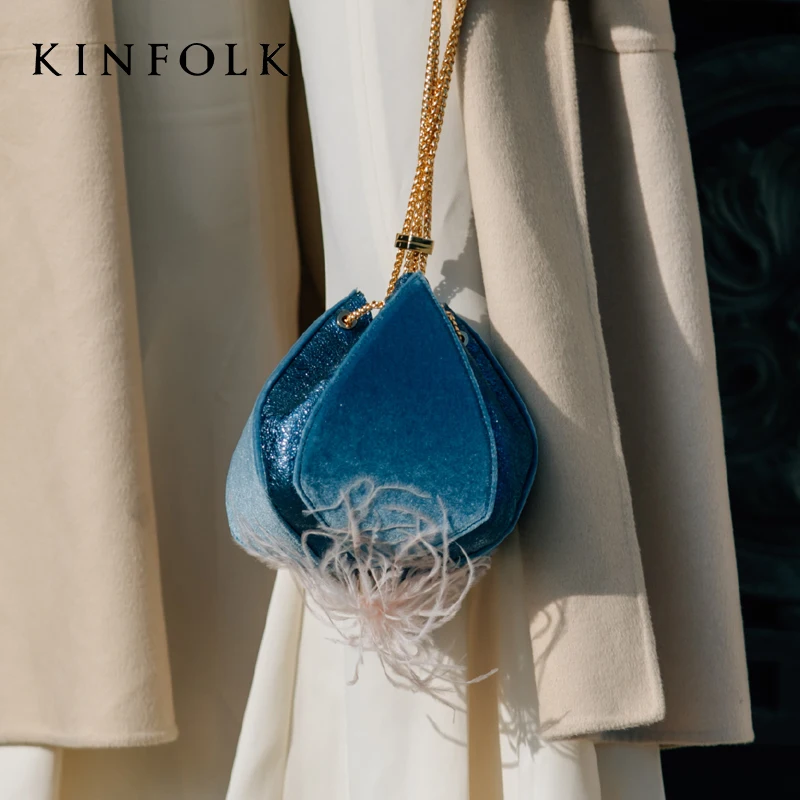 

British wind metallic leather velvet feather trim lanterns Bags exquisite flower drawstring handkerchief Messenger bag