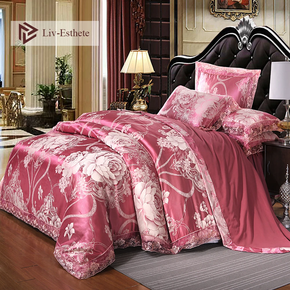 

Liv-Esthete European Luxury Satin Jacquard Bedding Set Lace Side Duvet Cover Flat Sheet Bedclothes Double Queen King Bed Linen