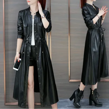 

XUXI Women Overknee Chic Long Windbreaker Clothing Loose Femme Coat Woman 2019 Autumn Suit-dress Thin Pu Leather Clothes FZ602