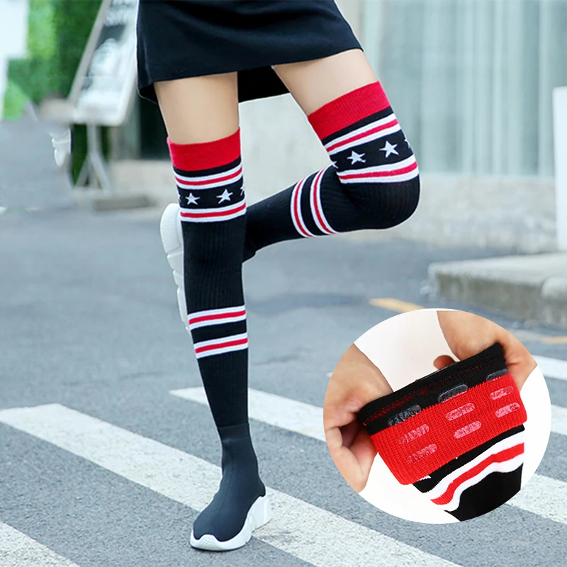 

Women Long Stockings Star Striped Pattern Rib Top Anti-slip Over knee Socks Autumn Teenage Girls Outdoor Wear Thigh Stockings