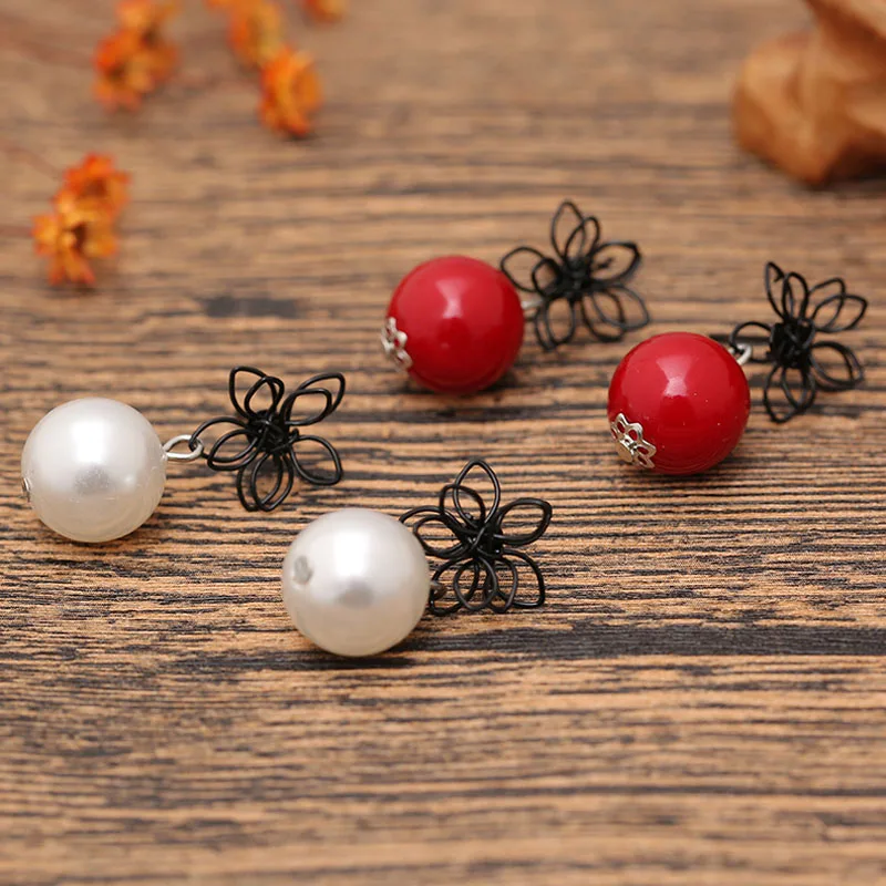 TDQUEEN Dangle Pearl Earrings Silver Plated Metal Geometric Black Flower Big Dangle Pearl Red and White Statement Earrings 2018 (2)