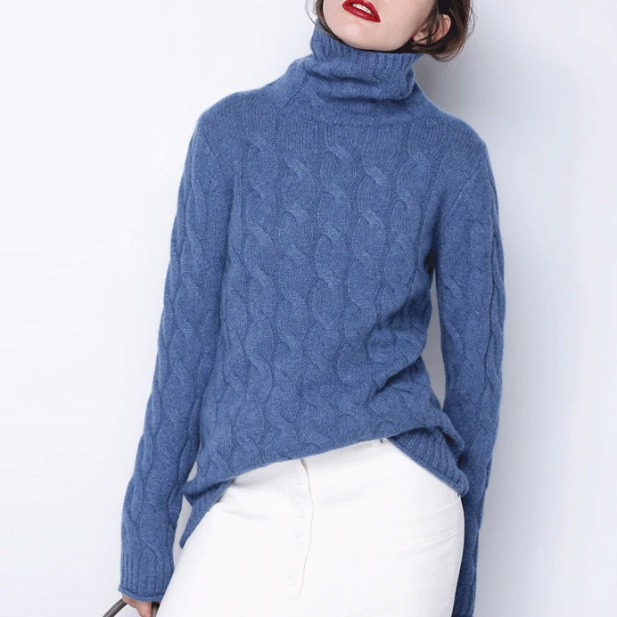 Кашемировый свитер с хомутом с высоким воротником, женский толстый пуловер, свитер, Мода, осень и зима, новинка, твист, свободный, вязаный, теплый - Цвет: Blue