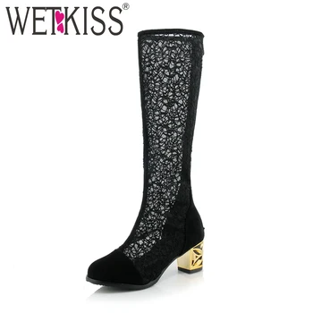 

WETKISS Thick High Heels Women Boots Flock Round Toe Lace Zip Footwear Antumn Fashion Boots 2018 New Knee High Female Shoes