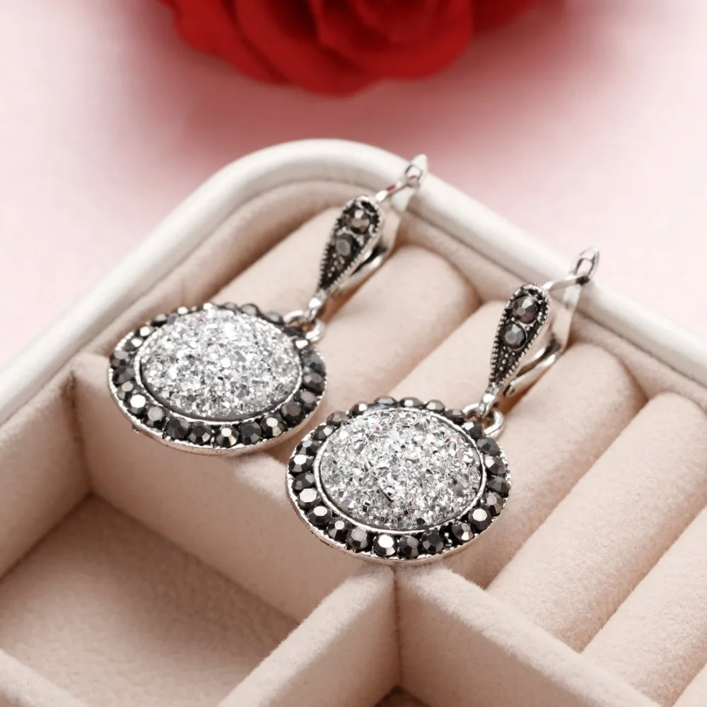 Женский роскошный ювелирный набор с драгоценным камнем, антикварное серебряное ожерелье, серьги, кольцо, набор, Кристальный круглый кулон, массивный ювелирный набор
