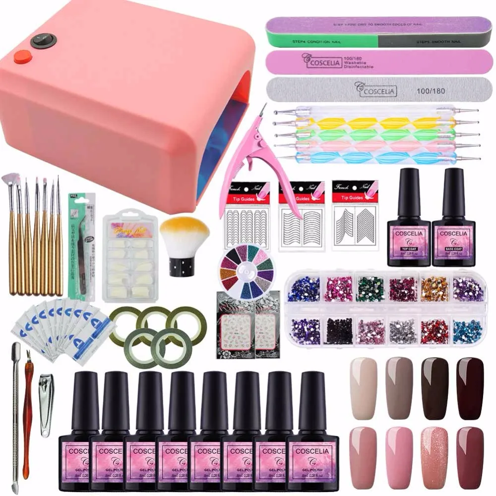 

COSCELIA Nail Gel Soak-off Gel Polish Top & Base Coat Gel Nails Polish Kit Mini UV Lamp 8 colors Art Tools Kits Sets Manicure