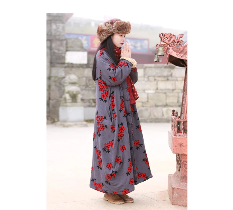 LZJN Women's Chinese-Style Floral Embroidered Trench Coat, Maxi Loose Overcoat, Windproof Fleece Jacket, for Autumn and Winter