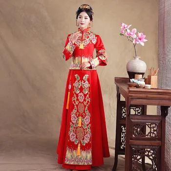 

Noble Women Embroidery Floral Cheongsam Asian Bridal Dress Chinese Style Wedding Qipao Marriage Suit Vintage Toast Clothes