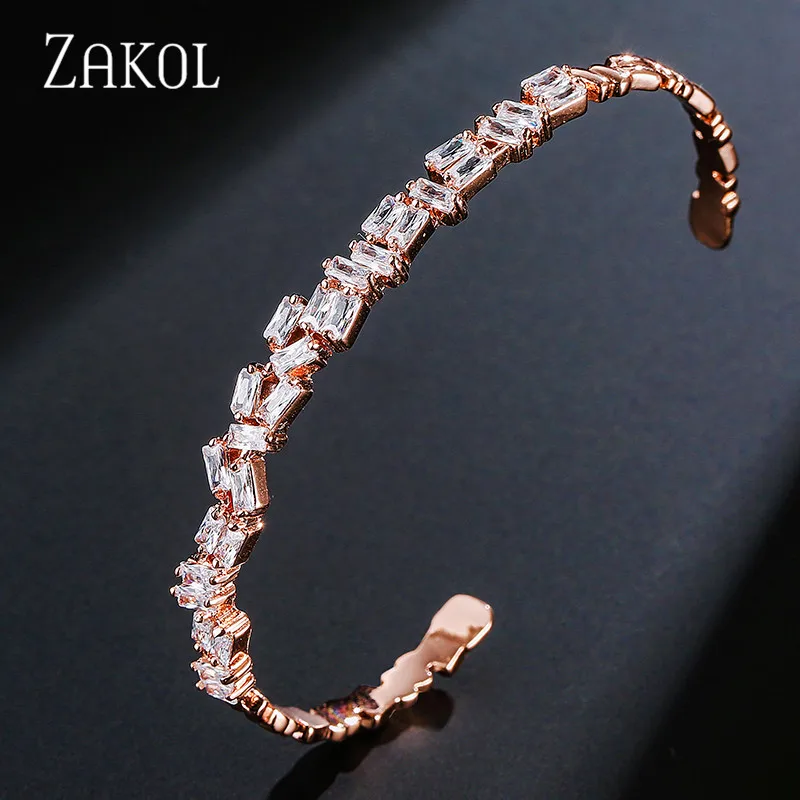 

ZAKOL AAA Cubic Zirconia Baguette Bracelet Bangles Fashion Sparkling Cuff Bangles for Women/ Girl Party Gift Jewelry FSBP153