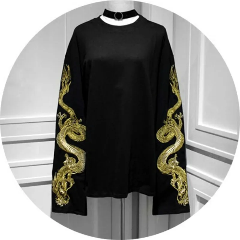Женская крутая свободная Стильная черная футболка в стиле Харадзюку, уличная одежда с вышивкой Золотого Дракона, японские Футболки с длинным рукавом большого размера - Цвет: Черный