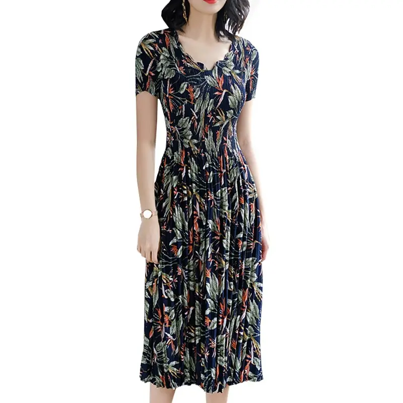 

Women Summer Long Bodycon Dress 2019 New Elegant Vintage Floral Pleated Chiffon Maxi Clothes Fashion Vestidos Plus Size HJ273