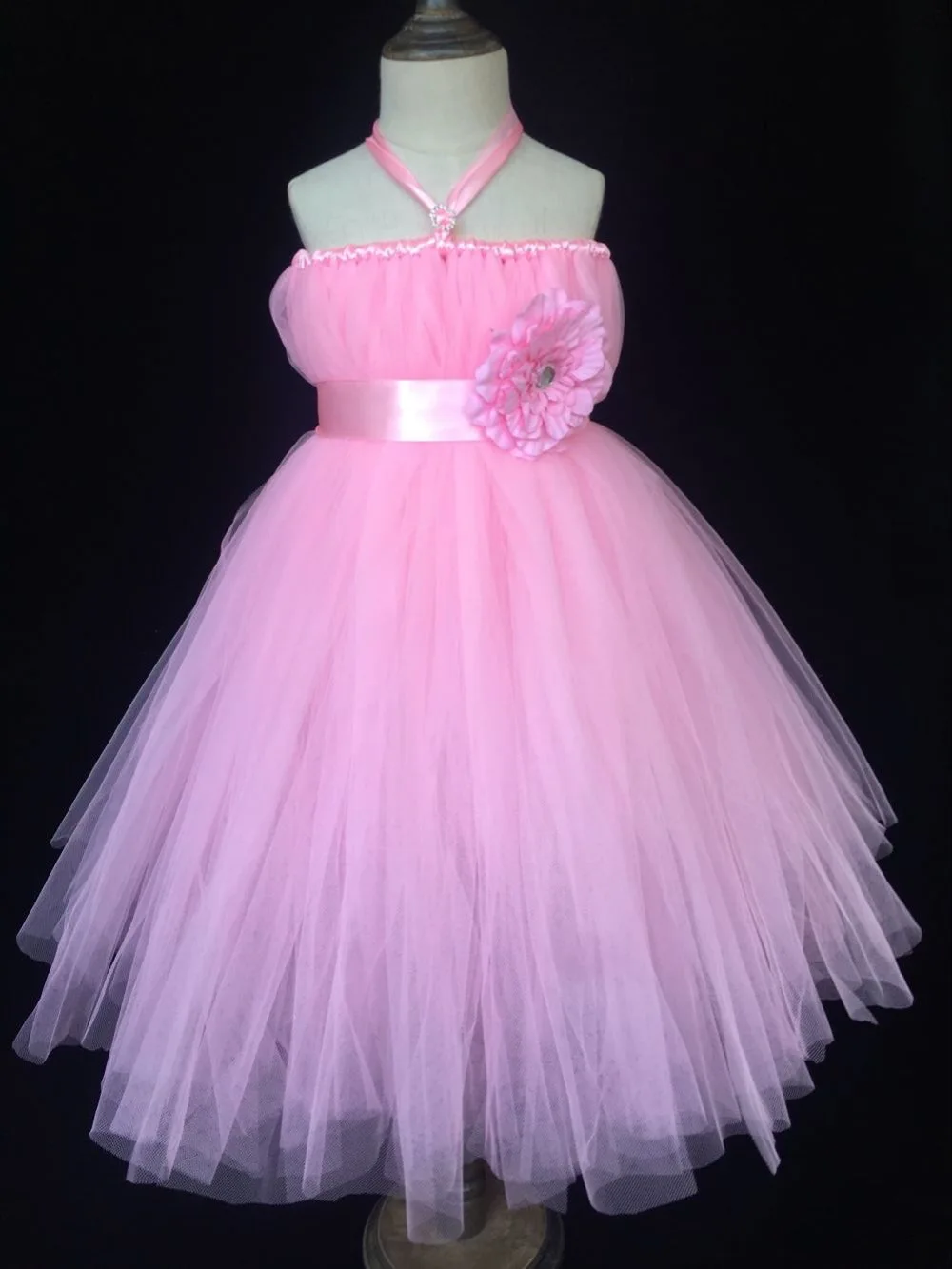 Cute Girls Pink Long Tutu Dress Kids Fluffy Tulle Dress Ball Gown With