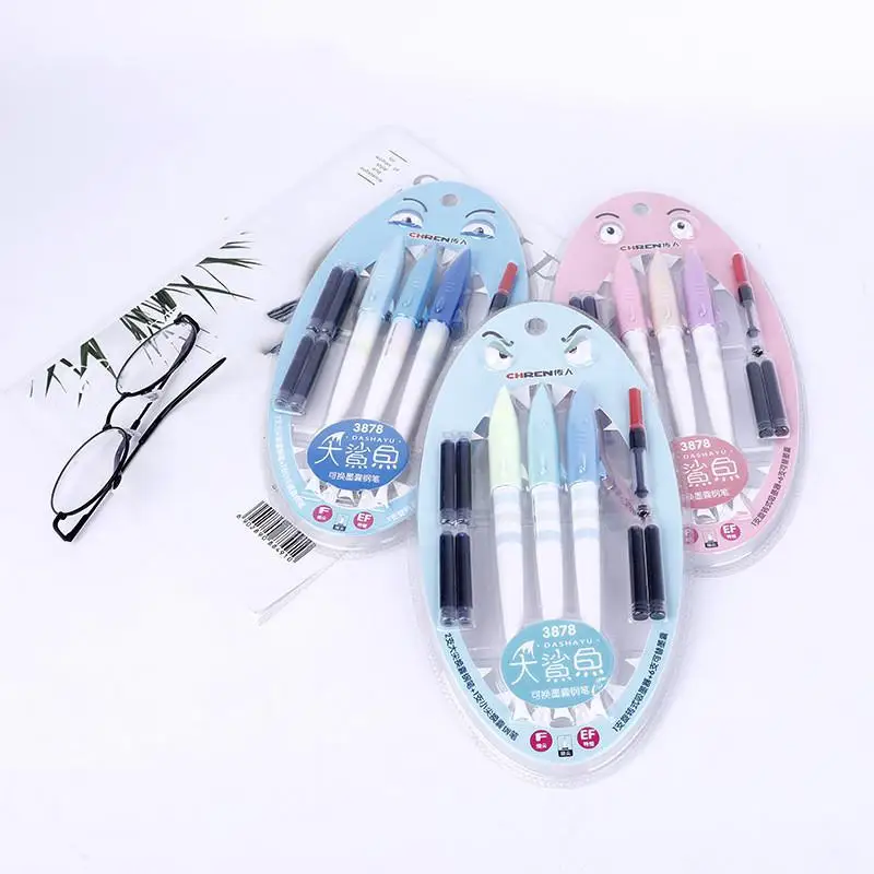 

3pcs/set Shark Color Fountain Pens Set Creative Exchangeable Ink Pen Student Dedicated Words Positive Gesture Gift Pen