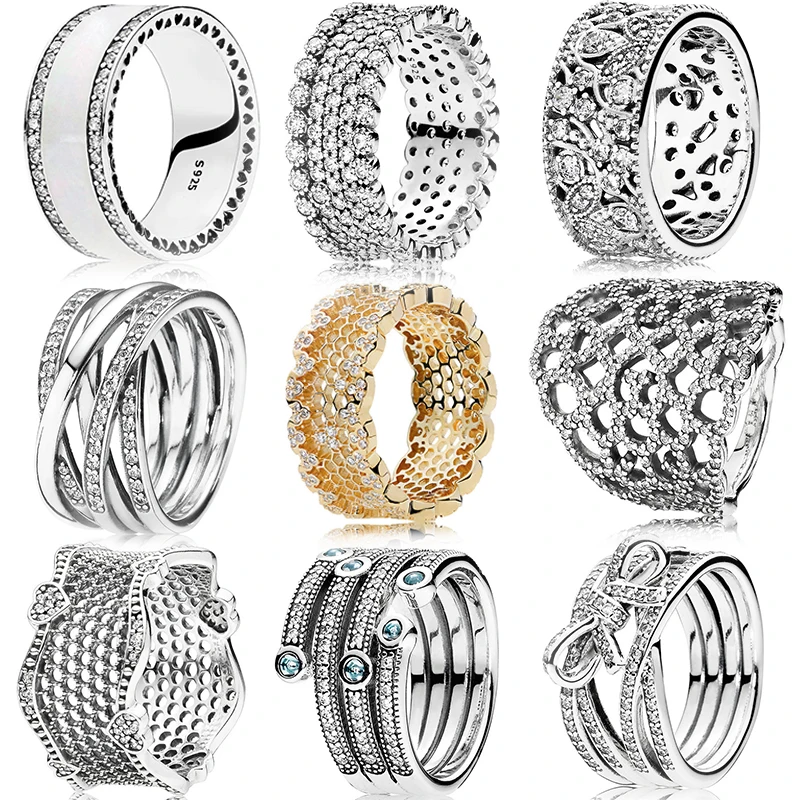 

Real 925 Sterling Silver Pandora Entwined Honeycomb Lace of Love Ring With Clear CZ Fit Women Original Charm Gift DIY Jewelry