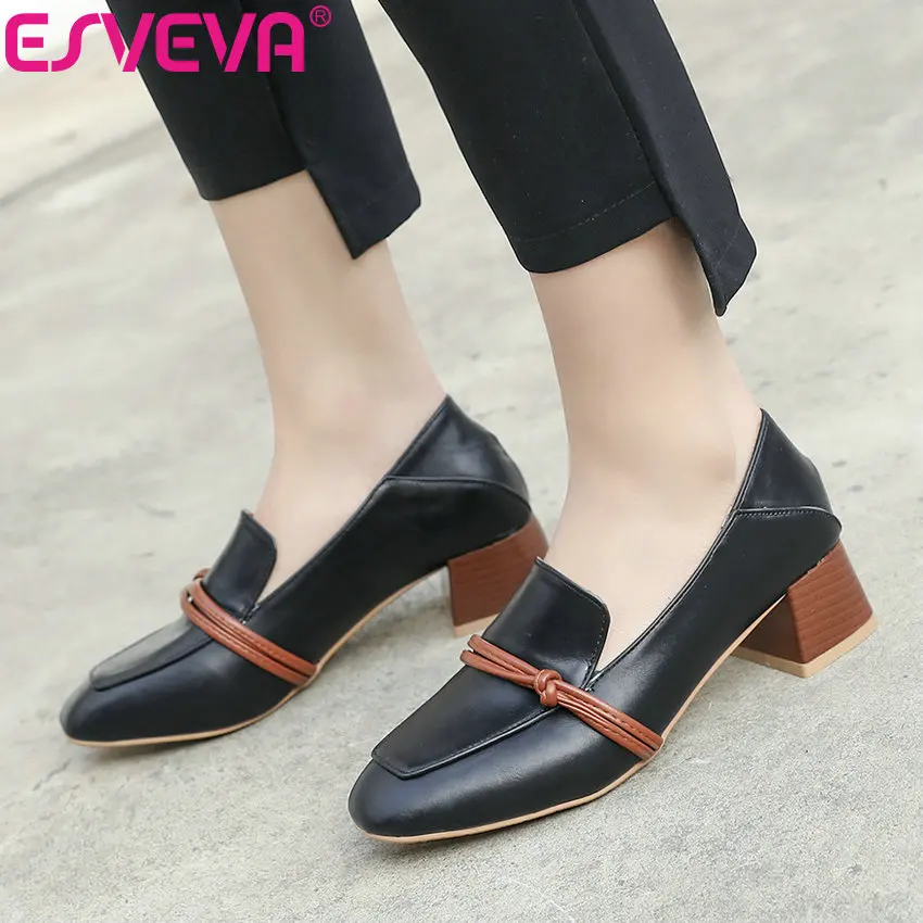 

ESVEVA 2019 Women Pumps Sweet Style Slip on Square Toe Mixed Color Shoes Square High Heel Sandals Women Shoes Shallow Size 34-43