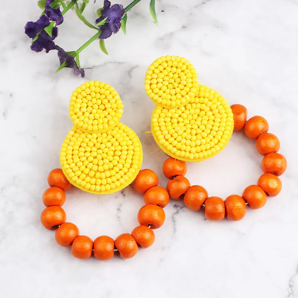 

Bohemian Earrings S925 Silver Needle Handmade Beaded Resin Beige Ear Pendant Wood Pearl Earrings Female