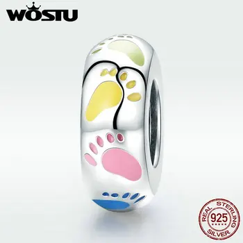 

WOSTU Real 925 Sterling Silver Colorful Footprint Beads Fit Original Brand Charm Bracelet DIY Jewelry Lucky Gift DXC752