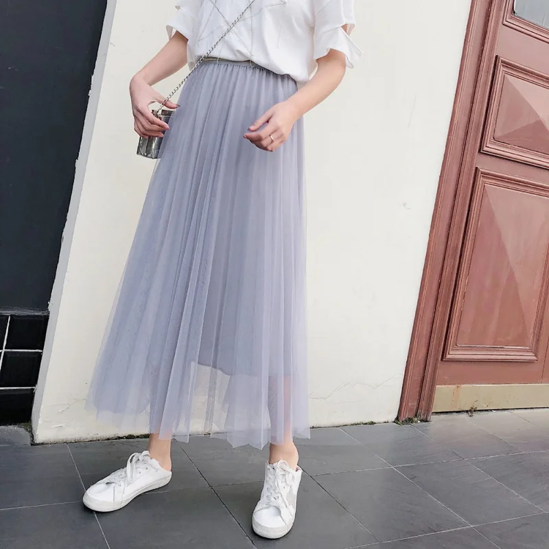 Высокая Талия Тюль Юбка из сетчатой ткани Для женщин женская плиссированная юбка в Корейском стиле чистой пряжи пачка, юбка с подкладом