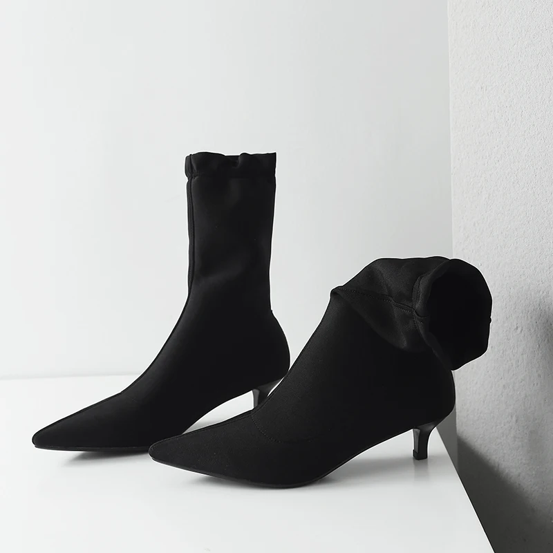Zapatos Diseñador Bajo Corto Delgado Marca Botas on Otoño Black Tejido Tobillo Estrecha Elástico Negro Punta Tacón Señoras Slip Venta Elegantes Mujeres fwUCqP4w