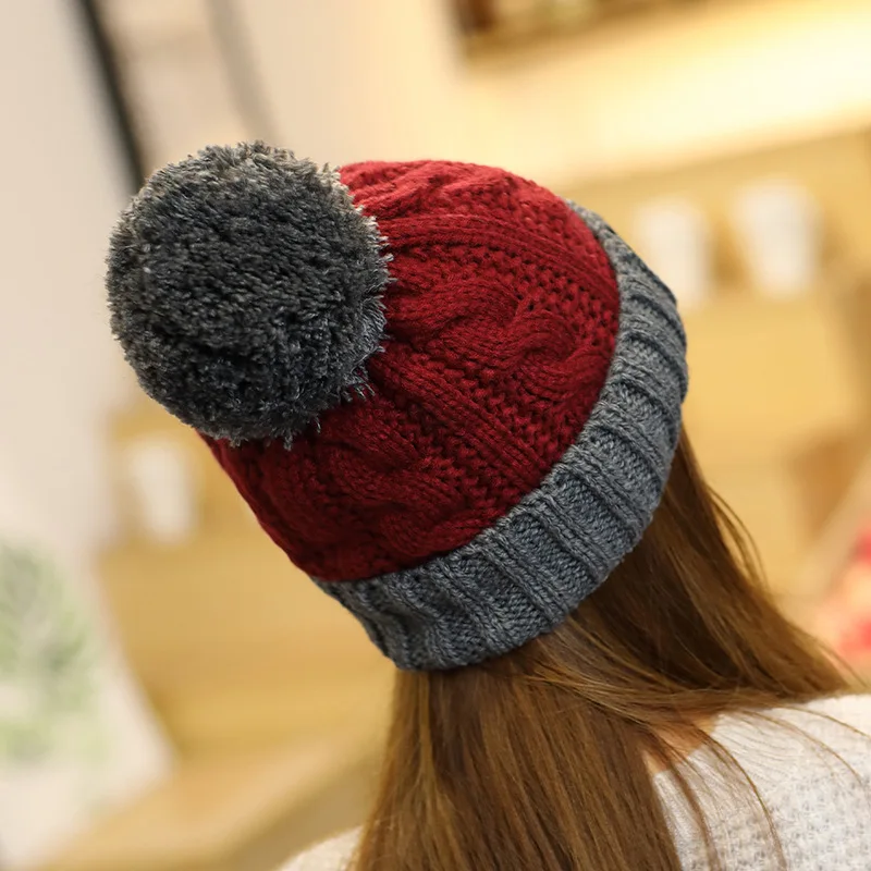 Winter Keep Warm Knitted Hat Women Outdoor Warm Double Color Cap Female Creative Pompom Decoration Cap Beanies