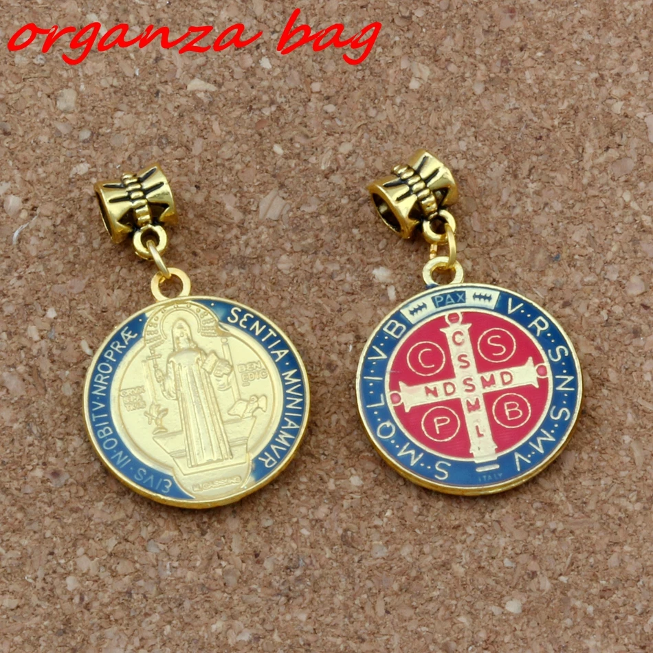 

Blue Enamel Saint Benedict Medal Cross Crucifix charm Dangles Beads Fit European Charm Bracelet 23.5x38mm 2pcs/lot A-367a