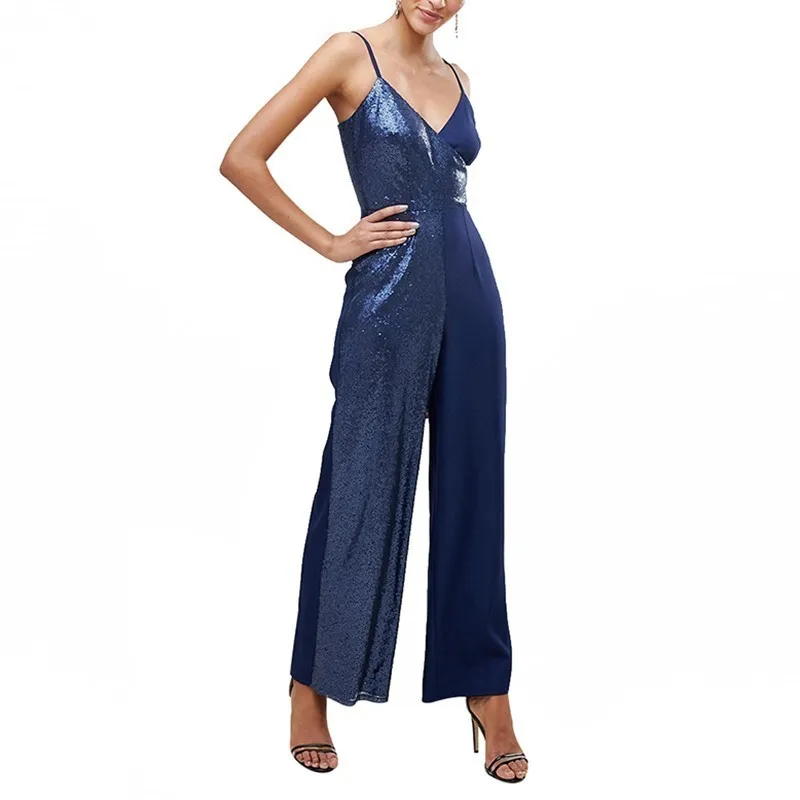 HYH Haoyihui Simplicity Commute V collar Sequins Splicing Navy Blue Broad-legged Slim Rompers Women's Sleeveless Jumpsuits - Цвет: Темно-синий