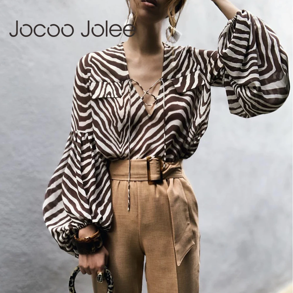 

Jocoo Jolee Zebra Striped Printed Women Blouse Shirt Plus Size Female Top Shirt Elegant V Neck Lace Up Ladies Blusas Shirt