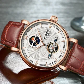 

KINYUED Luxury Moon Phase Automatic Watch Men Skeleton Rose Gold Leather Band Mechanical Business Watches Relogio Masculino