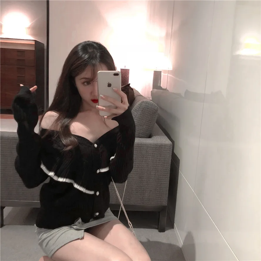 

2018 autumn preppy style black ruffles v neck sweater knitted cardigans womens (R1233)