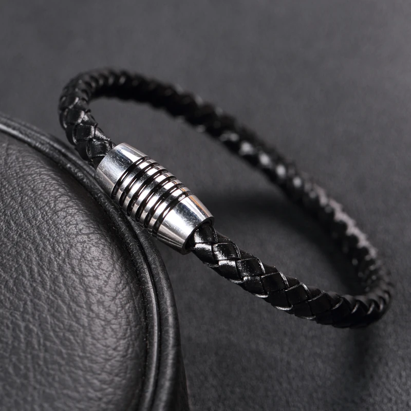 MOGE Trendy Men Bracelets Black Leather Bracelets Men Stainless Steel