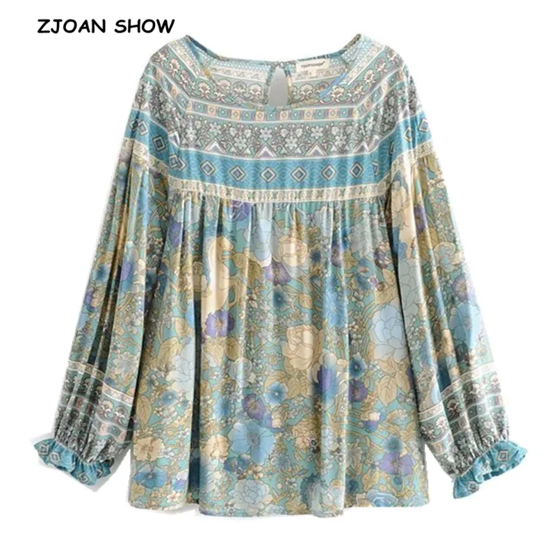 

2019 Bohemian Horse Floral Paisley Print Pullover Shirt Ethnic Women O neck Long Lantern Sleeve Pullover Blouse Casual Tops