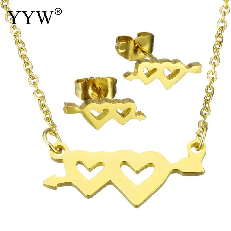 Fashion Stainless Steel Jewelry Sets Hollow Double Heart Necklace