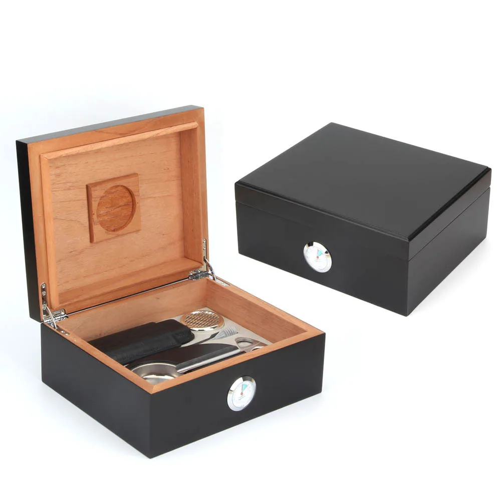 

High Quality black cigar humidor box with hygrometer include cigar cutter, leather humidor, humidifier and ashtray