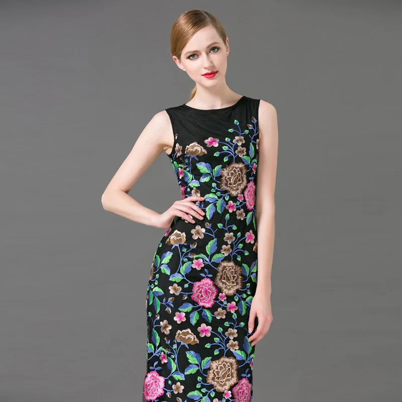 Robe Qualité Summer Broderie Haute Couture Piste Rond Longue 2016 New Noir Maxi Col Gaze TlF3K1Jc