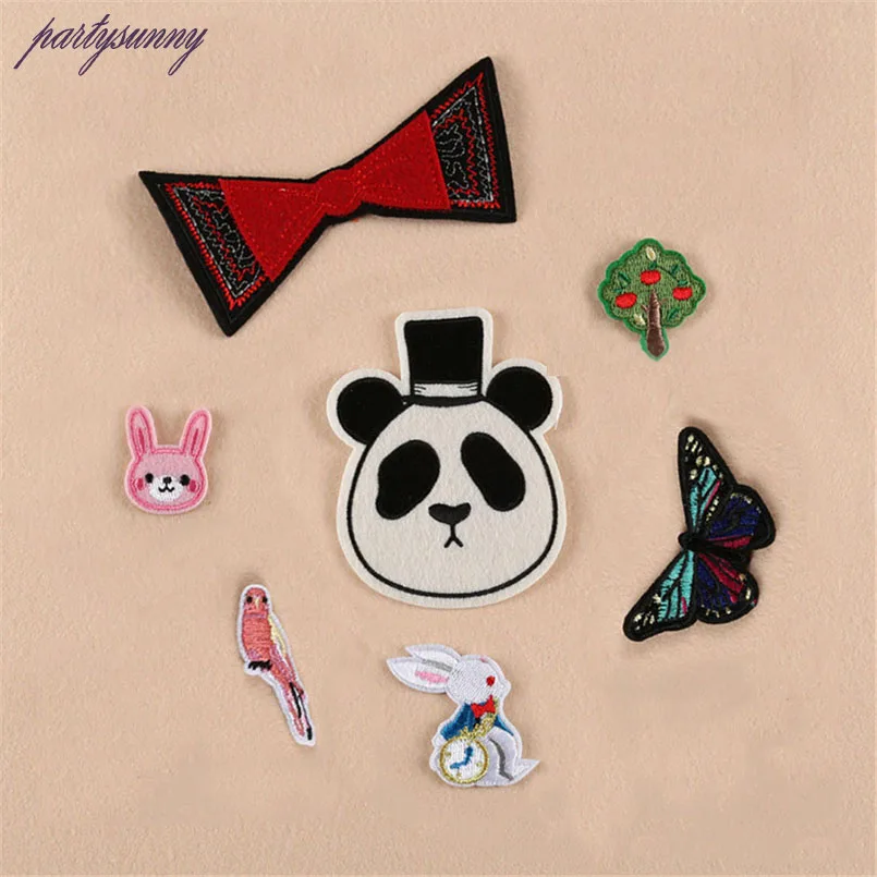 #*Cheap PF Cartoon Embroidered Patches Cute Panda Bunny Iron On Patch Stripes Applique For Clothing Backpack Jacket Decorations TB065