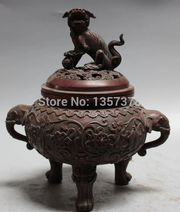 

shitou 001089 11"Marked Chinese Bronze 8 Auspicious Symbol Elephant Lion Incense burner Censer discount 30% (C0324)