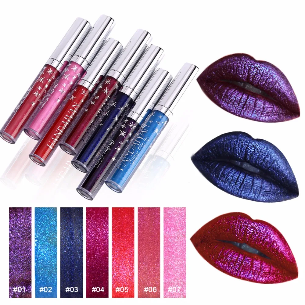 

Handaiyan diamond glitter lip gloss waterproof long lasting high shimmer liquid lipstick 7 colors purple red blue lips HF075