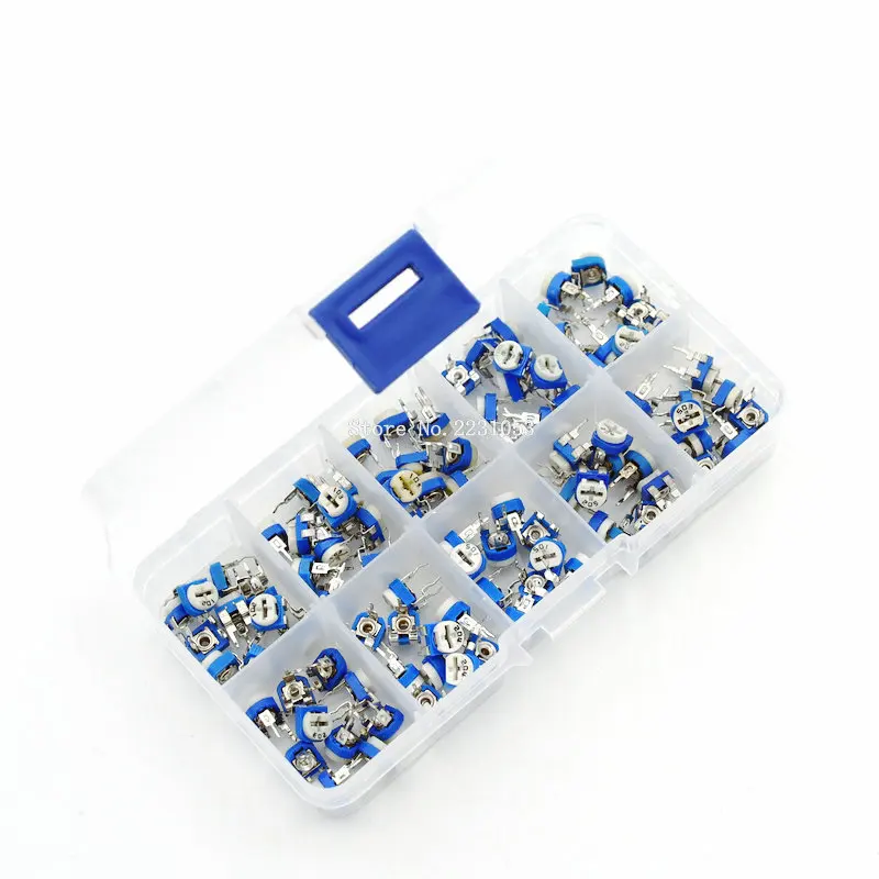

100PCS/Box RM065 Carbon Film Horizontal Trimpot Potentiometer Assortment Kit 500R - 1M 10 Values Variable Potentiometers