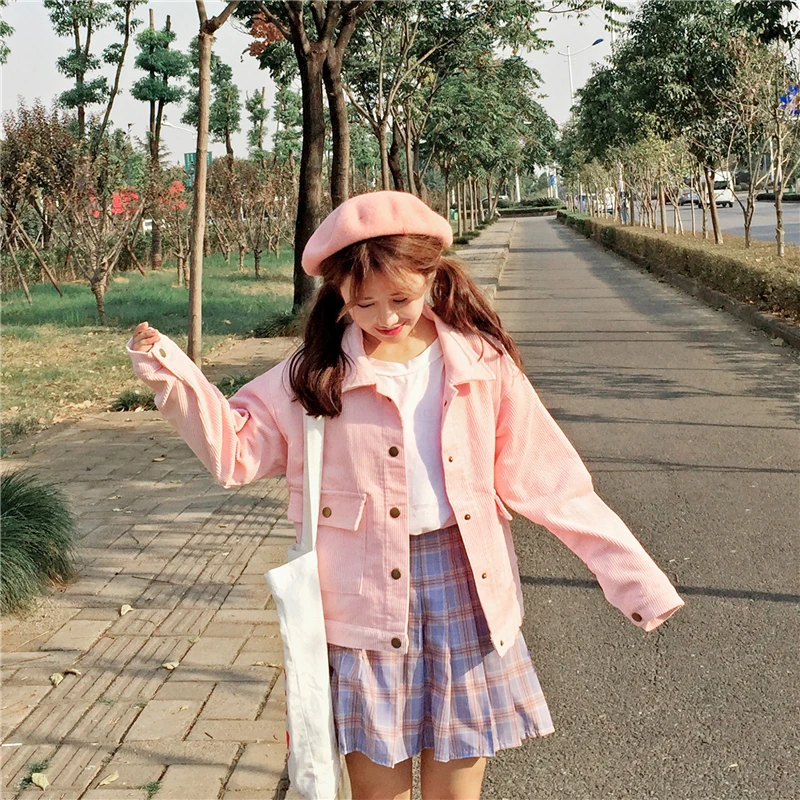 Куртки женские школьные свободные вельветовые куртки 2019 Модные Милые Женские базовые куртки с длинными рукавами для отдыха корейский топ