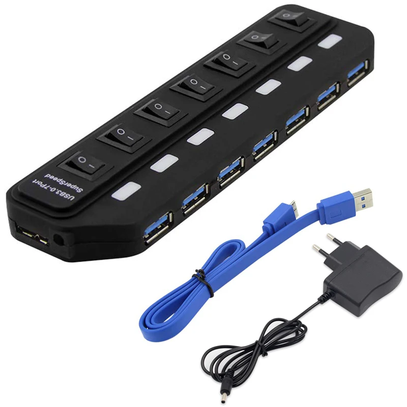 

High Speed USB Hub 3.0 4 / 7 Port USB 3.0 Hub 5Gbps Splitter On/Off Switch with EU/US/AU/UK Power Adapter for MacBook Laptop PC