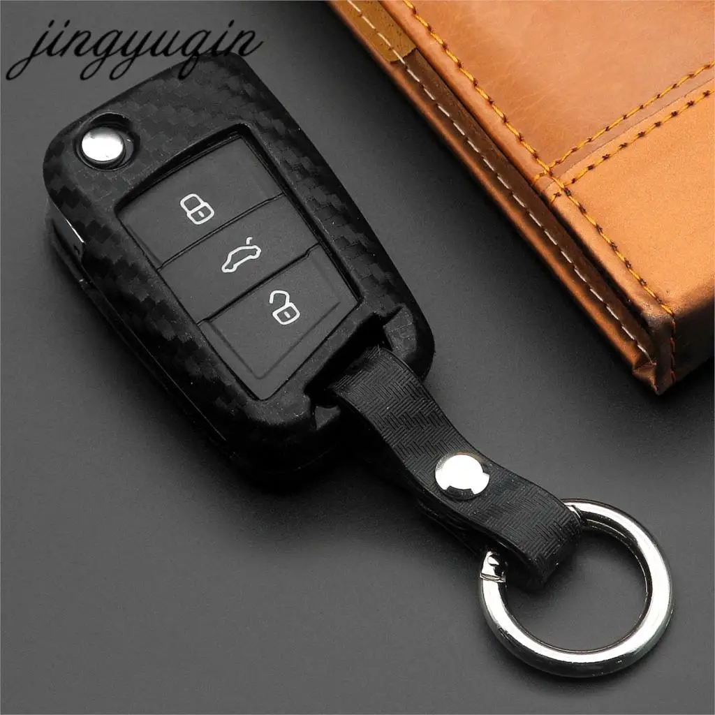 jingyuqin Carbon Fiber Silicone Key Case Cover For VW Polo Golf 7 Tiguan for Skoda Octavia Kodiaq Karoq SEAT Ateca Leon Ibiza