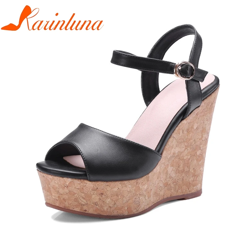 

KARINLUNA Cow Genuine Leather High Heels Summer Ladies Shoes Buckle Strap Sandals Peep Toe Women Shoes
