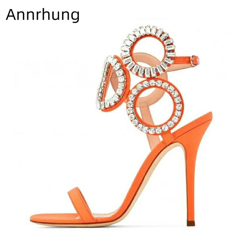 

2019 New Chic Rhinestone Circle Sandals Ladies High Heels Sexy One Strap Runway Sandals Crystal Ring Decor Sandalias Mujer 2019