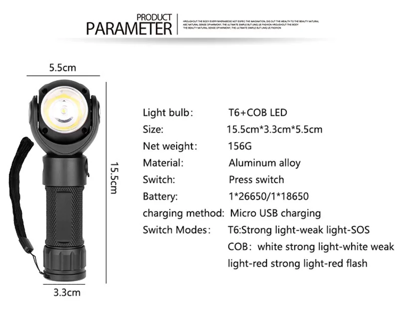 360° Rotating T6+COB LED Flashlight USB Rechargeable Magnetic AAA//18650 Torch