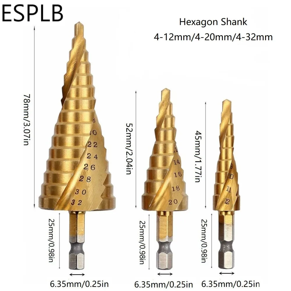 

ESPLB 3pcs 4-12/20/32mm Drill Bit HSS Spiral Groove Step Hexagon/Triangle Shank Drill Titanium Coated Bit Hole Cutter Kit