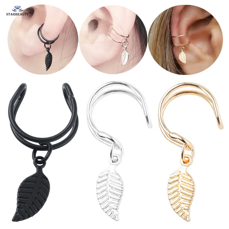 

Starbeauty 2pcs/lot Carved Leaf Nonpierced Helix Piercing Tragus Piercing Fake Piercing Ear Cuff Clip on Earrings Fake Nose Ring