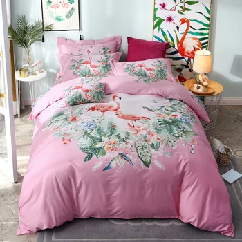 

Flamingos Peacock Bird Print Bedding Set Queen Size King Size Cotton Fabric Duvet Cover Flat Bed Sheets with Pillow Case