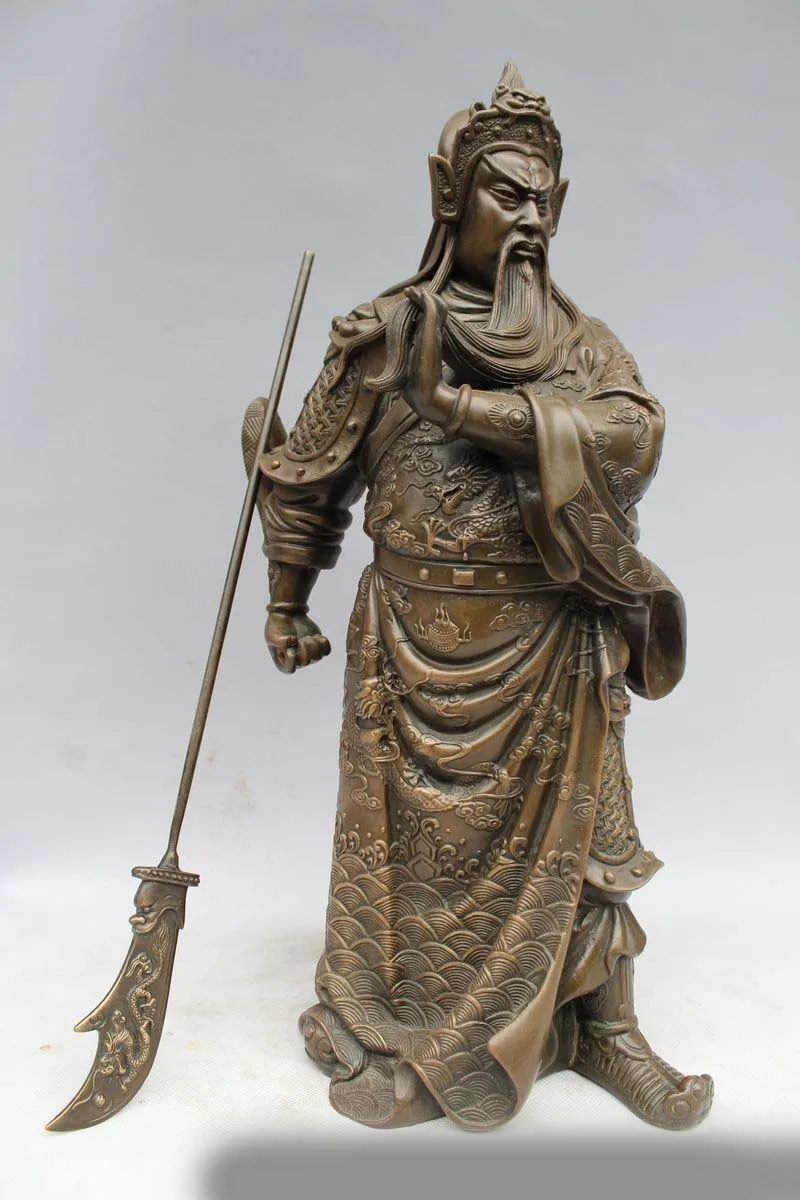 

17" Chinese Pure Bronze Dragon Guan Gong Guan Yu Warrior Hold Sword Statue