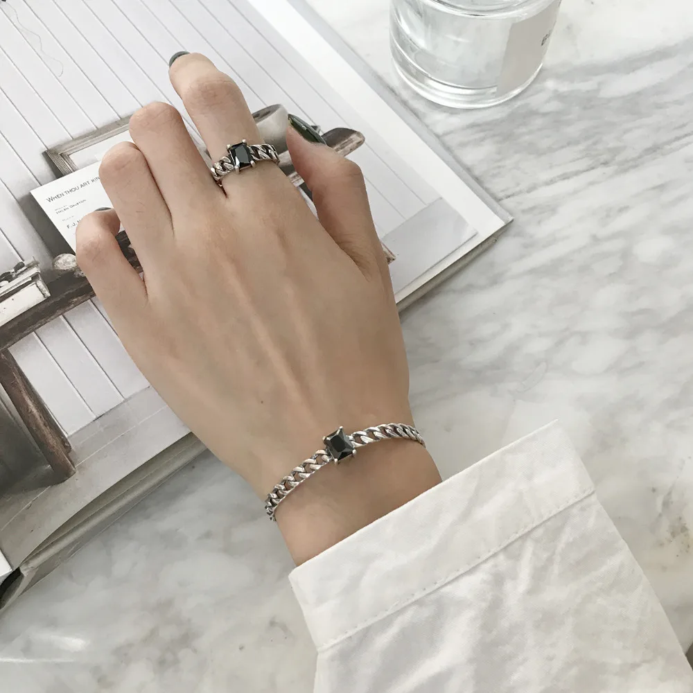 

Unique steampunk 925sterling silver design chain shape black rectangle agate stone open rings geometric jewelry free shipping
